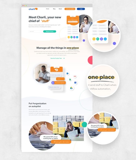 A display of Pace Creative’s work for CharliAI by incorporating small web design trend elements to connect the website’s visual elements together. 